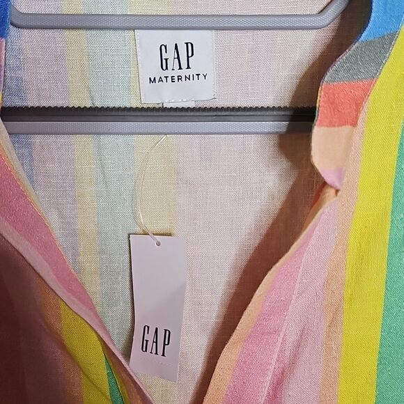 NWT GAP Linen Blend Rainbow Striped Shirt Long Sleeve Button Up Maternity Medium - Picture 4 of 10